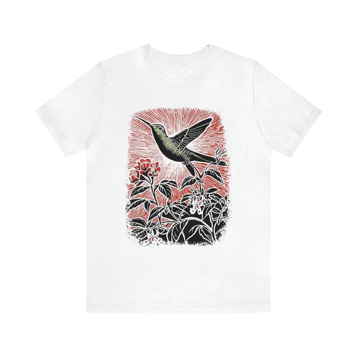 Chemise de colibri imprimée en bloc, chemise de colibri, T-shirt oiseaux linocut, tee-shirt nature vintage, colibri en détresse, chemise botanique d’oiseau