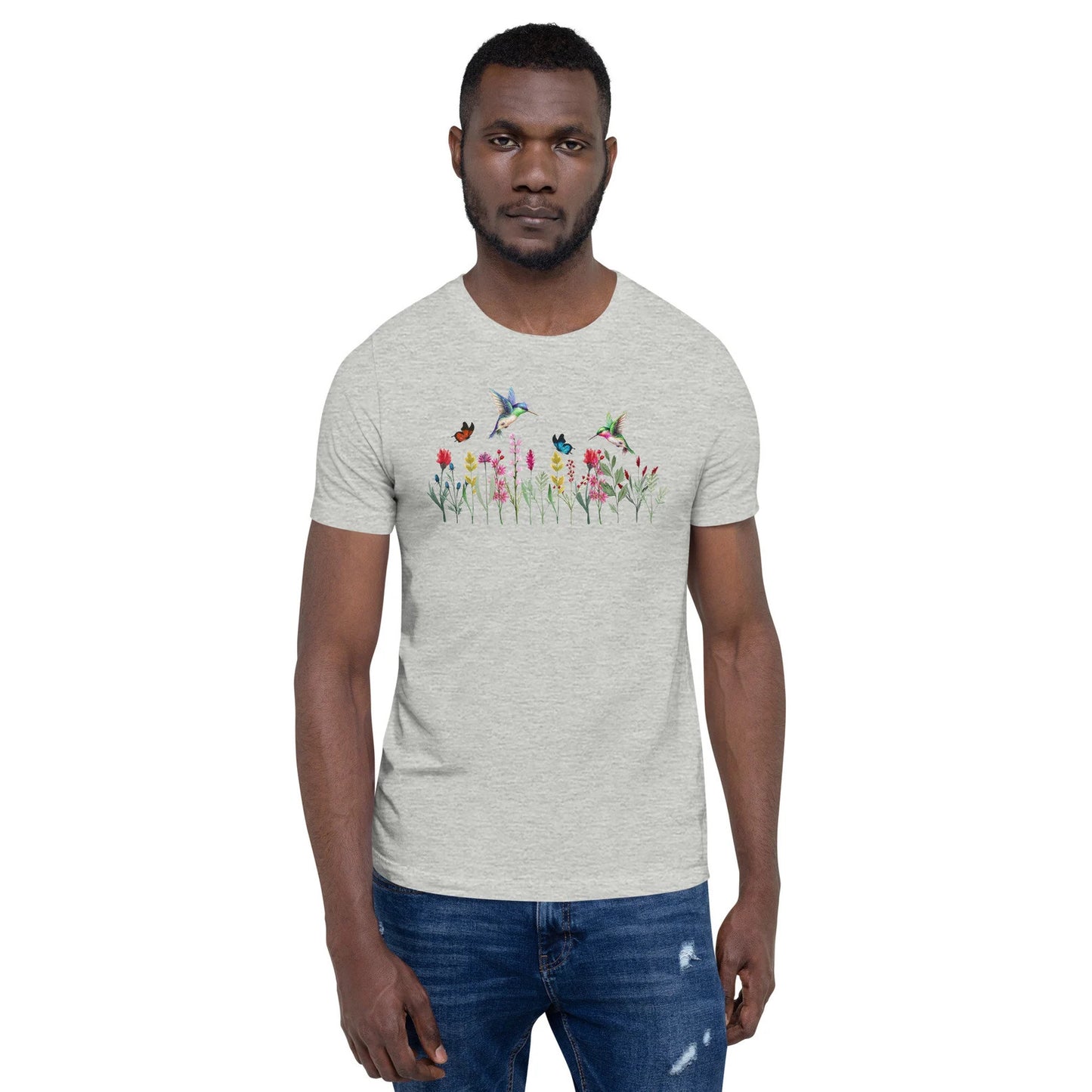 Damen Wildblumen Grafik T-Shirt, Pflanzenliebhaber Shirt, Wildblumen Shirt, Blumen Shirt, Kolibri Shirt,