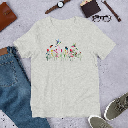 Damen Wildblumen Grafik T-Shirt, Pflanzenliebhaber Shirt, Wildblumen Shirt, Blumen Shirt, Kolibri Shirt,