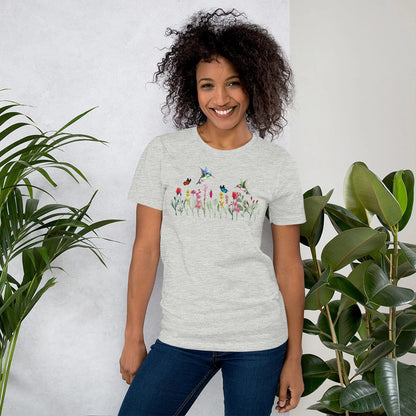 tee-shirt graphique de fleurs sauvages pour femmes, chemise d’amoureux des plantes, chemise de fleurs sauvages, chemise florale, chemise de colibri,