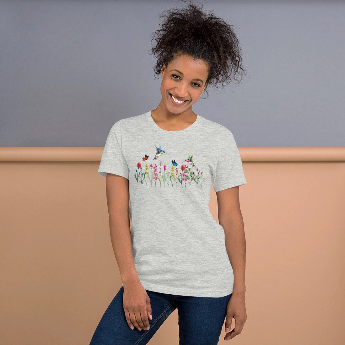 women wild flower graphic tee, Plant lover shirt, Wildflower shirt, floral shirt, hummingbird shirt,