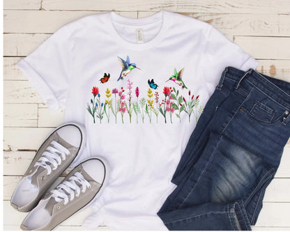 tee-shirt graphique de fleurs sauvages pour femmes, chemise d’amoureux des plantes, chemise de fleurs sauvages, chemise florale, chemise de colibri,