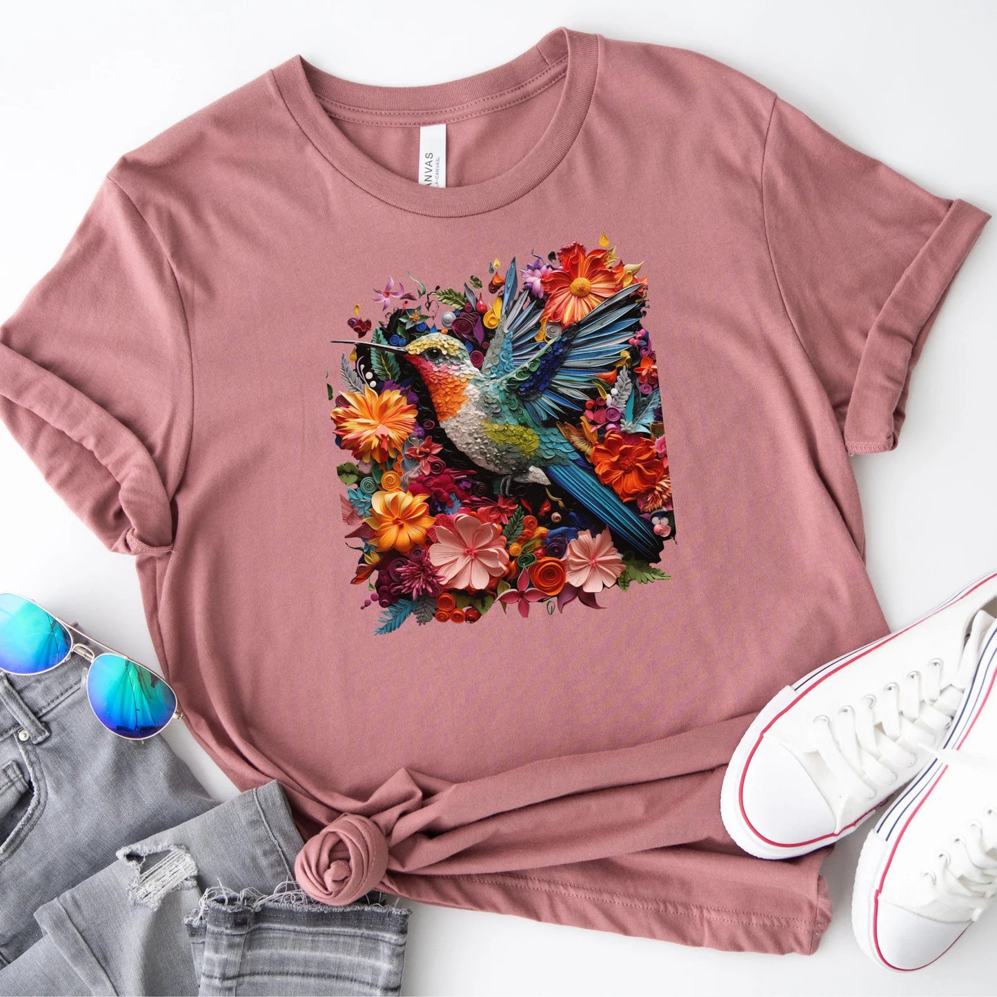 Florales Kolibri Shirt, Vogel T-Shirt, trendiges Grafik T-Shirt, Blumen Shirt, Geschenk für Tierliebhaber, Vogelliebhaber T-Shirt, Geschenk für Sie, Sommervögel