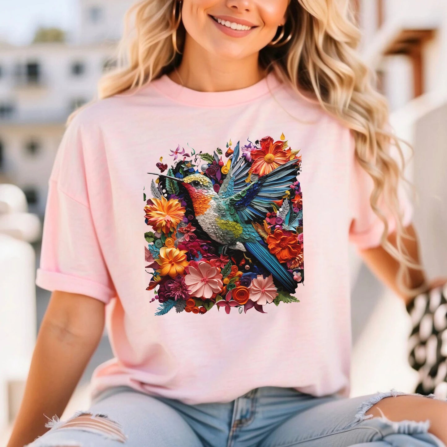 Chemise florale de colibri, T-shirt d’oiseau, tee-shirt graphique tendance, chemise à fleurs, cadeau d’amoureux des animaux, T-shirt d’amoureux des oiseaux, cadeau pour elle, oiseaux d’été