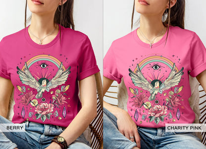 Hummingbird Shirt, Mystical Witchy Evil Eye, Retro Rainbow Tee, Cottagecore Floral Rose, Spiritual Awakening Crystal, Tarot Beja Flor Tshirt