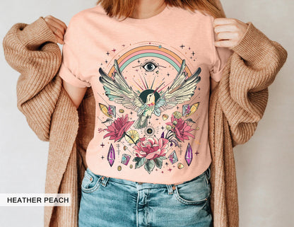 Hummingbird Shirt, Mystical Witchy Evil Eye, Retro Rainbow Tee, Cottagecore Floral Rose, Spiritual Awakening Crystal, Tarot Beja Flor Tshirt