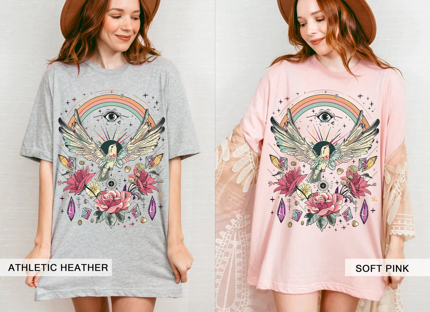 Kolibri Shirt, Mystisches Hexenauge, Retro Regenbogen T-Shirt, Cottagecore Floral Rose, Spirituelles Erwachen Kristall, Tarot Beja Flor Tshirt