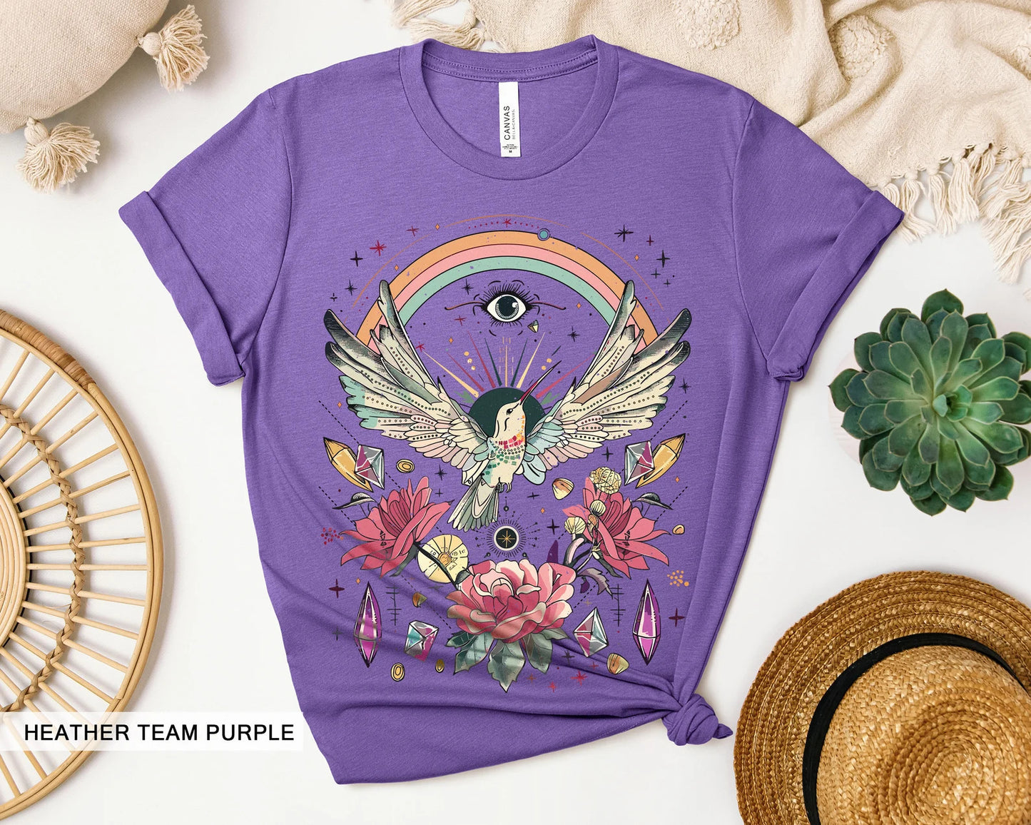 Chemise Colibri, Mystique Witchy Evil Eye, Retro Rainbow Tee, Cottagecore Floral Rose, Spiritual Awakening Crystal, Tarot Beja Flor Tshirt