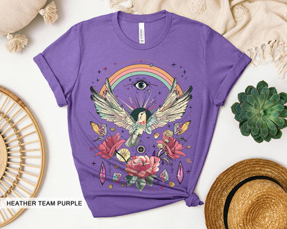 Kolibri Shirt, Mystisches Hexenauge, Retro Regenbogen T-Shirt, Cottagecore Floral Rose, Spirituelles Erwachen Kristall, Tarot Beja Flor Tshirt