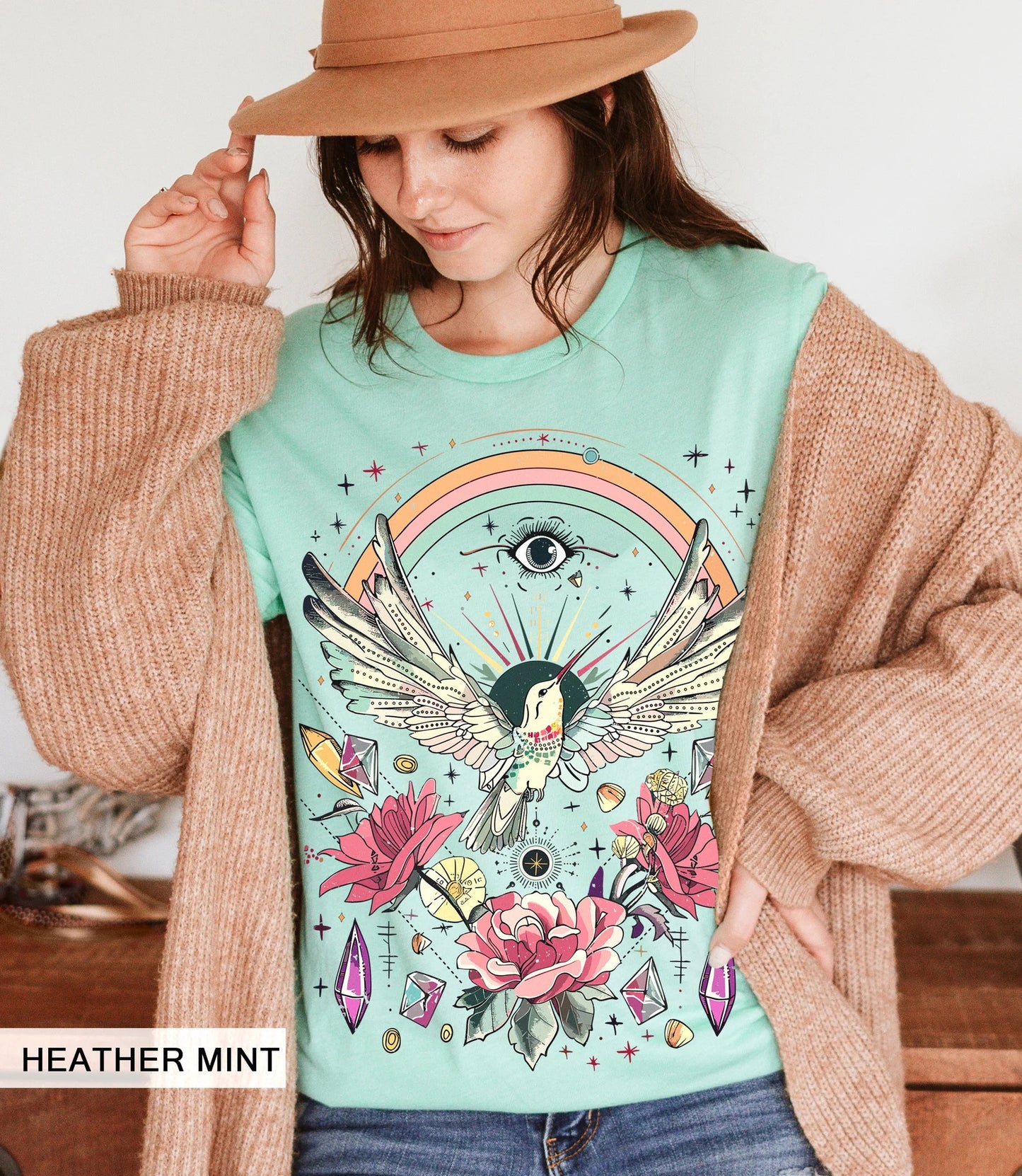 Hummingbird Shirt, Mystical Witchy Evil Eye, Retro Rainbow Tee, Cottagecore Floral Rose, Spiritual Awakening Crystal, Tarot Beja Flor Tshirt