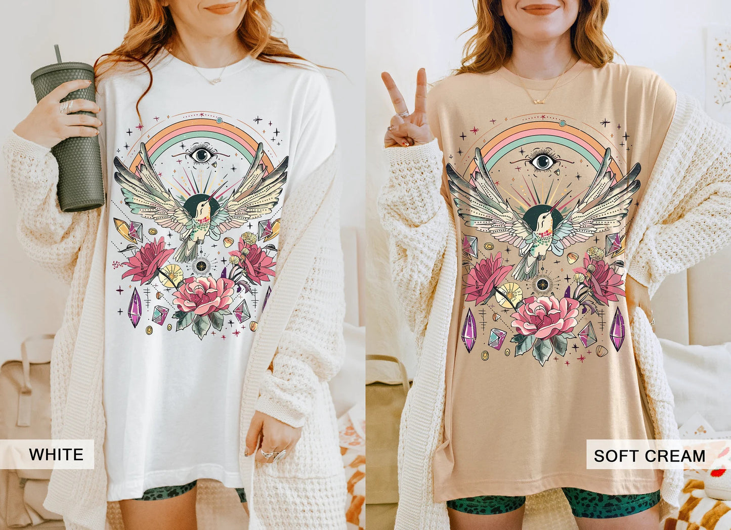 Hummingbird Shirt, Mystical Witchy Evil Eye, Retro Rainbow Tee, Cottagecore Floral Rose, Spiritual Awakening Crystal, Tarot Beja Flor Tshirt