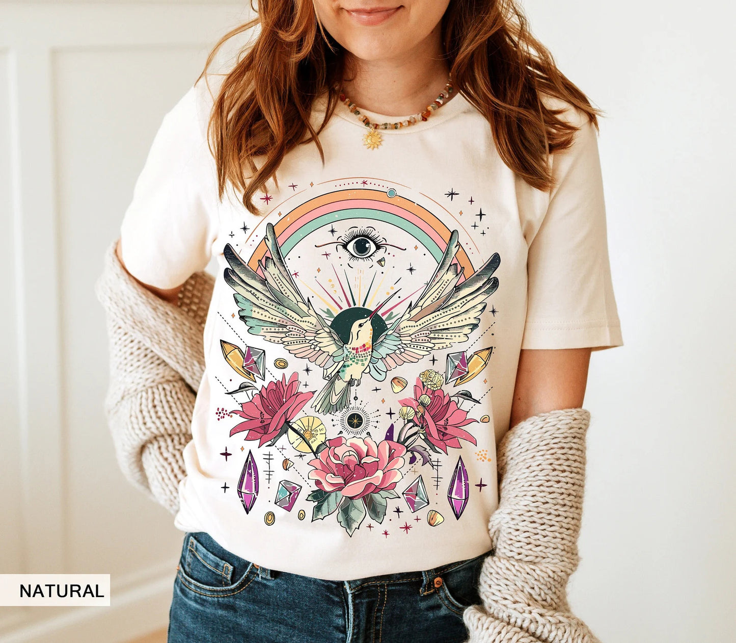 Hummingbird Shirt, Mystical Witchy Evil Eye, Retro Rainbow Tee, Cottagecore Floral Rose, Spiritual Awakening Crystal, Tarot Beja Flor Tshirt