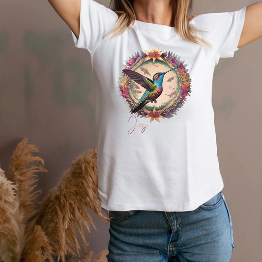 T-Shirt, T-Shirt-Kunst, Kolibri-T-Shirt, Kunst, süßes T-Shirt mit Kolibri, BoHo-T-Shirt, BoHo, Blumen, BoHo, Blumen, Kränze, Kolibri