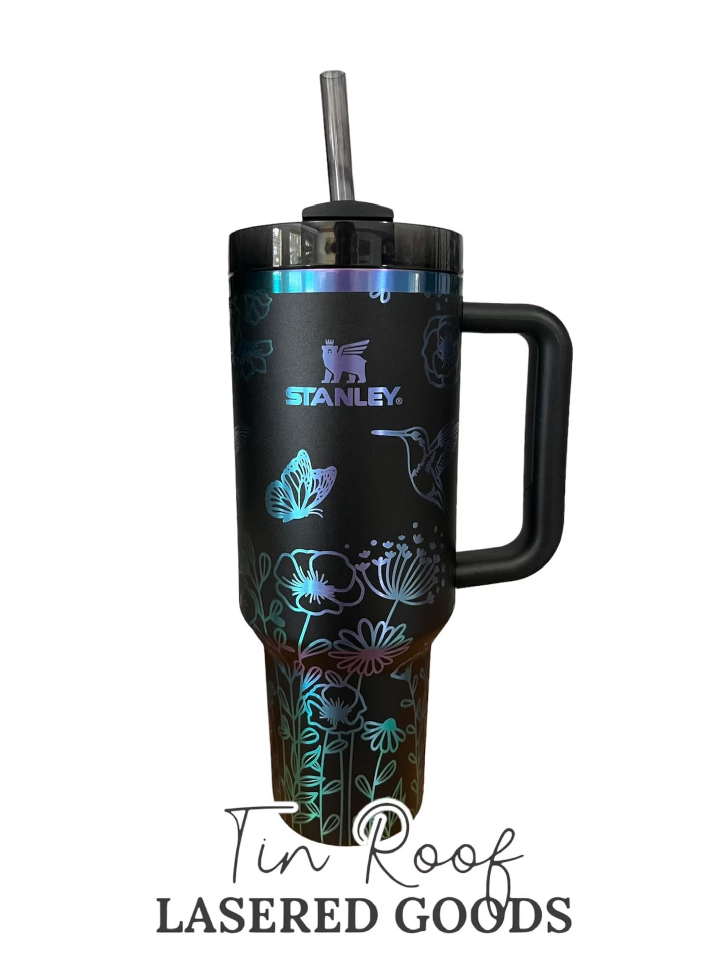 Colibri avec fleurs sauvages et papillons gravés Stanley ou Super Dupe 40oz Travel Tumbler - Cadeau - My Only Sunshine - Floral - Fleur