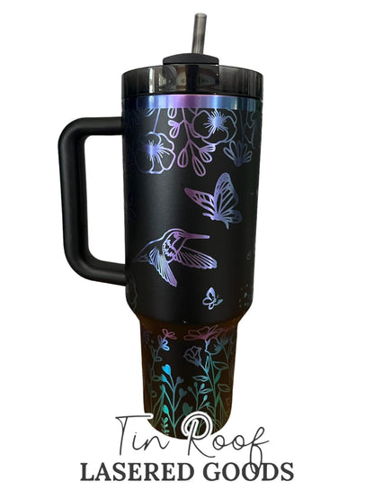 Hummingbird with Wildflowers and Butterflies Engraved Stanley or Super Dupe 40oz Travel Tumbler - Gift - My Only Sunshine - Floral - Flower