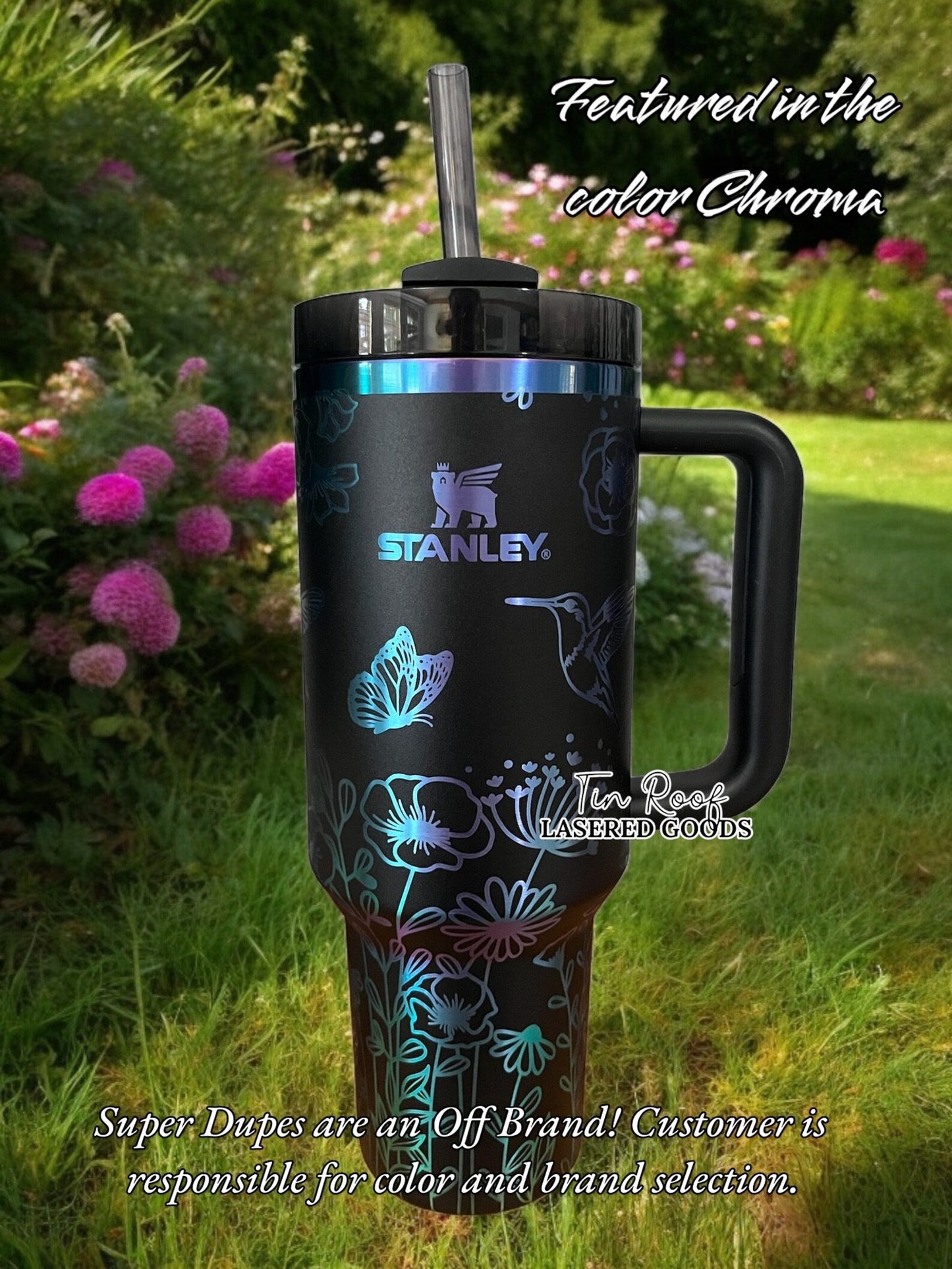 Hummingbird with Wildflowers and Butterflies Engraved Stanley or Super Dupe 40oz Travel Tumbler - Gift - My Only Sunshine - Floral - Flower