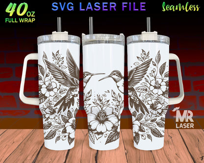 Hummingbird v2 Laser Engraved full Wrap Design For 40oz Tumbler, Bird SVG Laser, Flower Tumbler Wrap For Laser Rotary Machine, Seamless