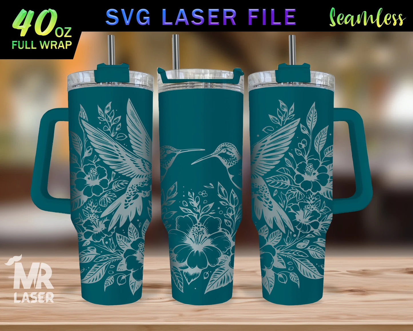 Kolibri v2 Lasergraviertes Full Wrap Design für 40oz Tumbler, Vogel SVG Laser, Blumen Tumbler Wrap für Laser Rotary Machine, Nahtlos