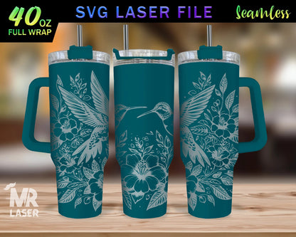 Kolibri v2 Lasergraviertes Full Wrap Design für 40oz Tumbler, Vogel SVG Laser, Blumen Tumbler Wrap für Laser Rotary Machine, Nahtlos