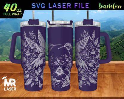 Kolibri v2 Lasergraviertes Full Wrap Design für 40oz Tumbler, Vogel SVG Laser, Blumen Tumbler Wrap für Laser Rotary Machine, Nahtlos