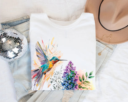 Florales Kolibri T-Shirt, Tierliebhaber T-Shirt, Frühlingsvögel, Blumen Shirt, buntes Shirt, das perfekte Geschenk