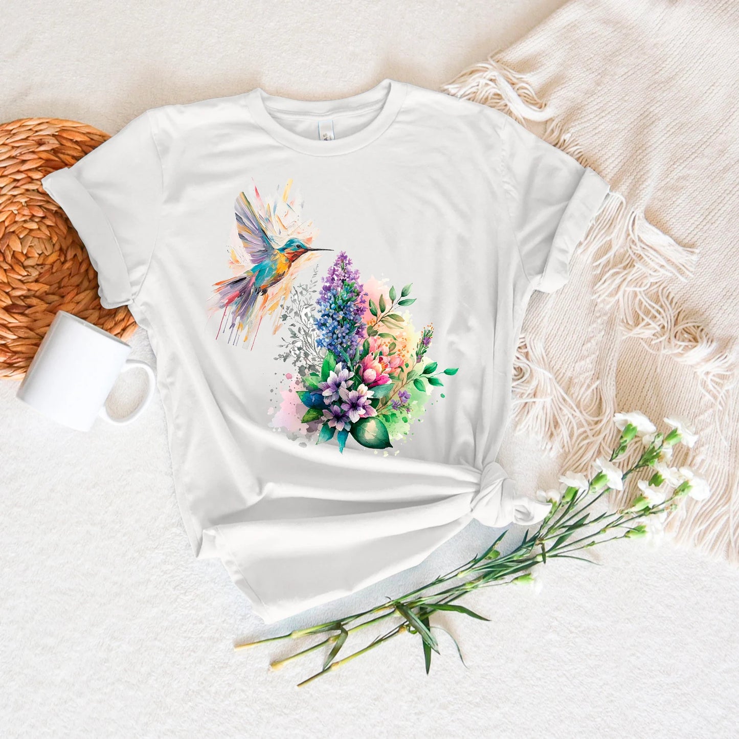 Floral Hummingbird T-shirt, Animal Lover T-shirt, Spring Birds, Flower Shirt, Colorful Shirt, The Perfect Gift