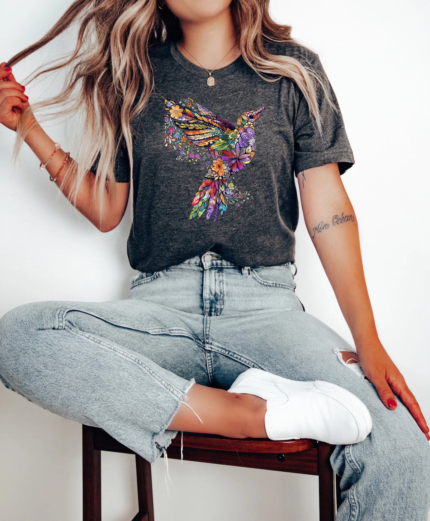 Flower Hummingbird, Animal Lover Tee, Gift For Her, Bird Lover T-Shirt, Spring Birds, Flower Shirt, Bird T Shirts, Trendy Tee