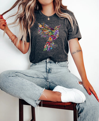 Flower Hummingbird, Animal Lover Tee, Gift For Her, Bird Lover T-Shirt, Spring Birds, Flower Shirt, Bird T Shirts, Trendy Tee