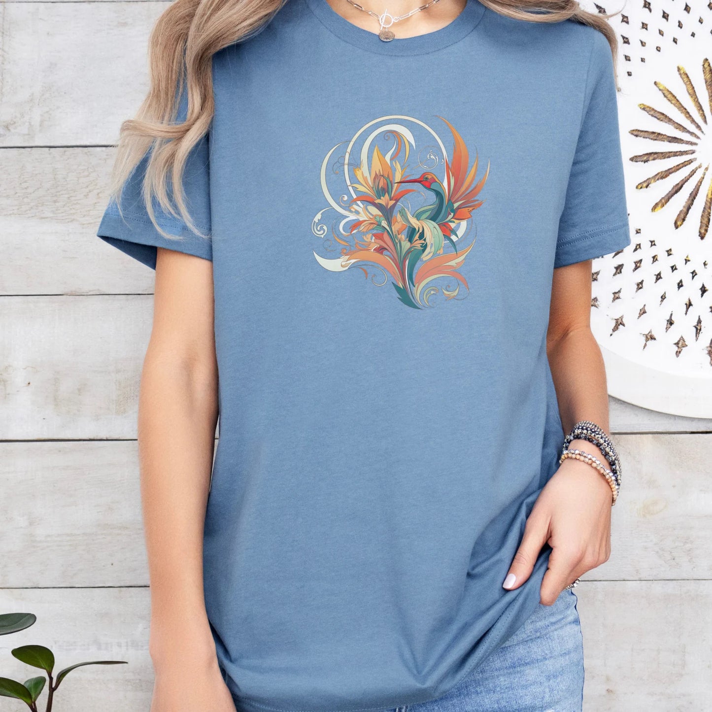 Florales Jugendstil Vogel T-Shirt, Buntes T-Shirt Geschenk für Blumenliebhaber, Kolibri T-Shirt für Vogelliebhaber, Vogel Grafik T-Shirt