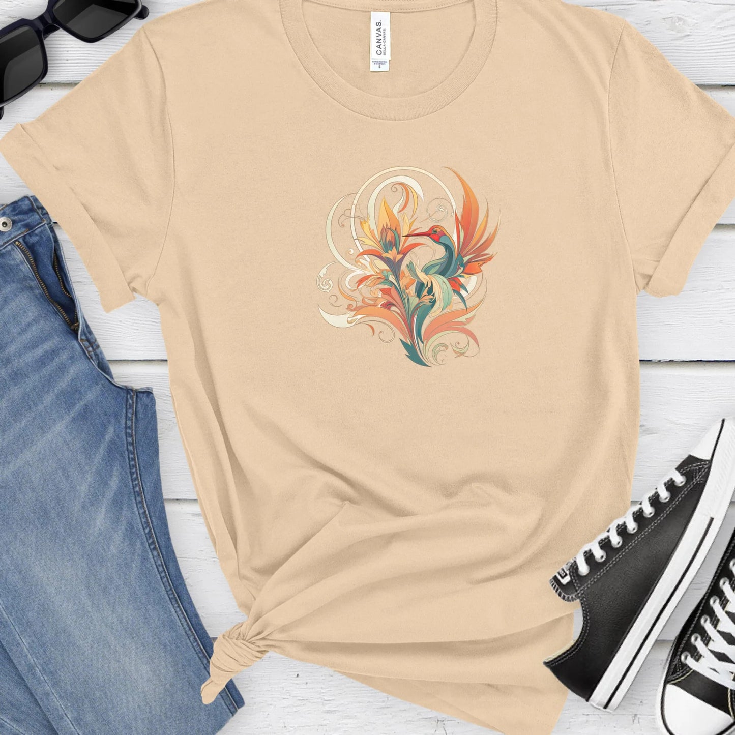 T-shirt floral Art Nouveau Bird, cadeau de T-shirt coloré pour les amoureux des fleurs, tee-shirt colibri pour chemise d’amant d’oiseaux, TShirt graphique d’oiseau