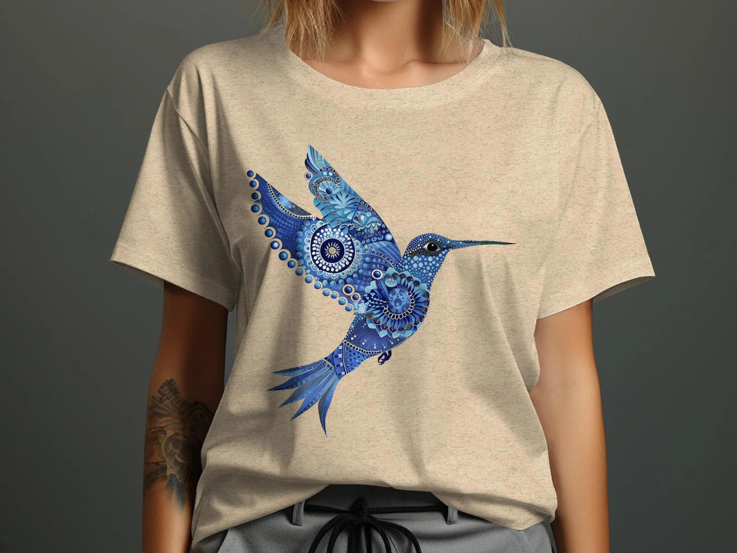 Blue Floral Hummingbird T-Shirt, Intricate Mandala Style Hummingbird Design, Bird Lover Gift Trendy 3960 Hummingbird