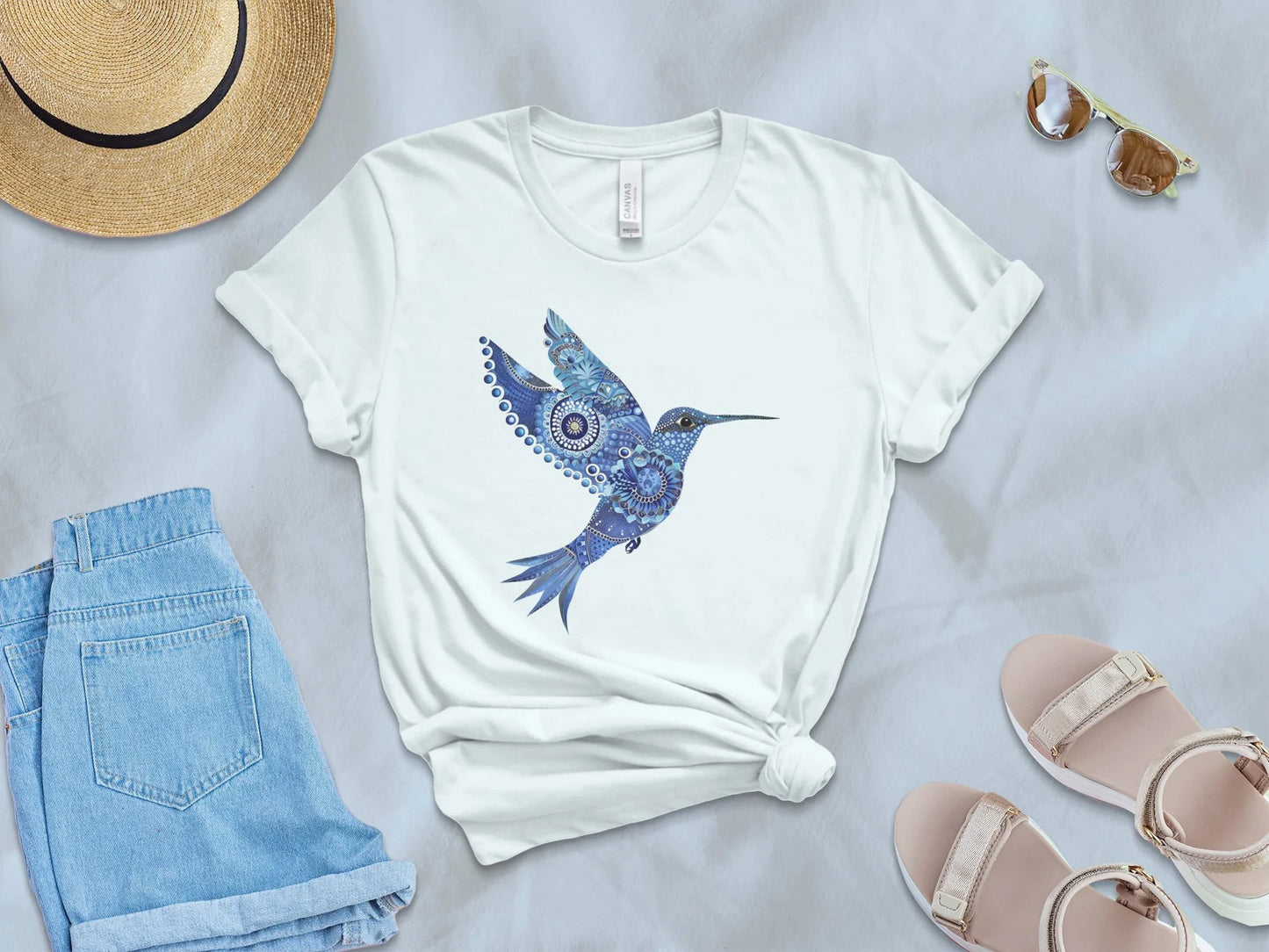 Blue Floral Hummingbird T-Shirt, Intricate Mandala Style Hummingbird Design, Bird Lover Gift Trendy 3960 Hummingbird