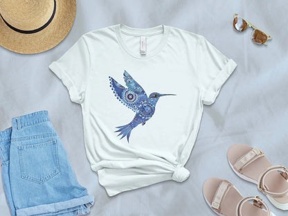 Blaues florales Kolibri-T-Shirt, kompliziertes Kolibri-Design im Mandala-Stil, Vogelliebhaber-Geschenk, trendig 3960 Kolibri