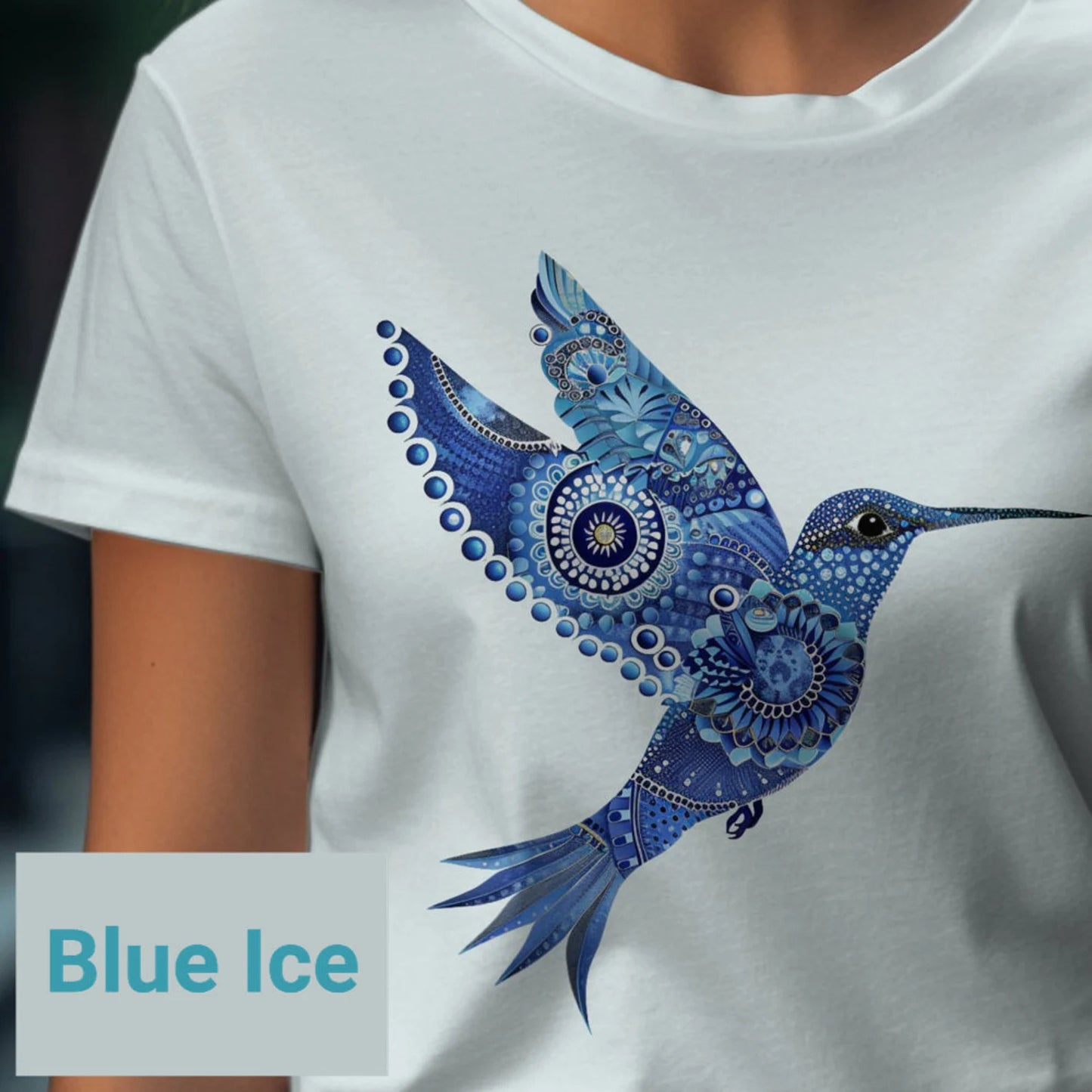 T-shirt colibri floral bleu, conception complexe de colibri de style mandala, cadeau d’amoureux des oiseaux tendance 3960 colibri