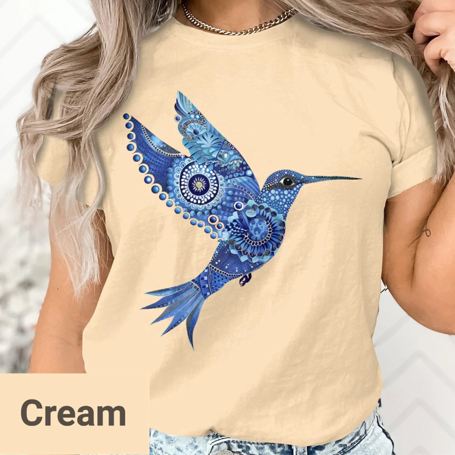 Blaues florales Kolibri-T-Shirt, kompliziertes Kolibri-Design im Mandala-Stil, Vogelliebhaber-Geschenk, trendig 3960 Kolibri