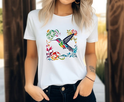 Colorful Hummingbird TShirt, Women's Shirt, Spring Summer Birds T-Shirt, Bird Lovers Tee, Wildlife Animal Shirt, Gifts for Her, Vibrant Tee