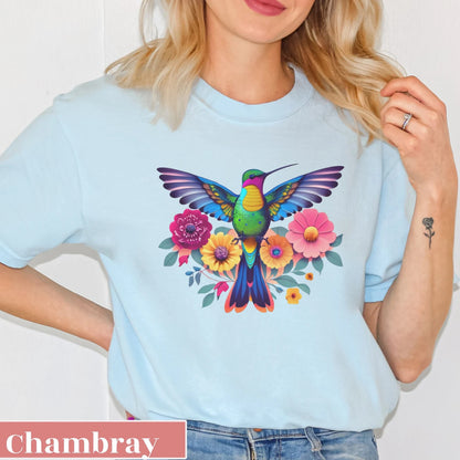 Floral Hummingbird Shirt, Animal Lover Tee, Trendy Bird Tshirt, Gift For Her, Bird Lover Tee, Spring Bird Flower Top, Birdwatching Gift Idea