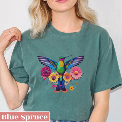 Chemise florale de colibri, tee-shirt d’amoureux des animaux, t-shirt d’oiseau à la mode, cadeau pour elle, tee-shirt d’amoureux d’oiseaux, dessus de fleur d’oiseau de printemps, idée de cadeau d’observation des oiseaux