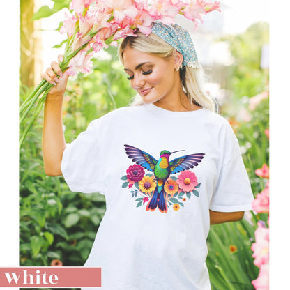 Florales Kolibri Shirt, Tierliebhaber T-Shirt, trendiges Vogel T-Shirt, Geschenk für Sie, Vogelliebhaber T-Shirt, Frühlingsvogel Blumen Top, Vogelbeobachtung Geschenkidee