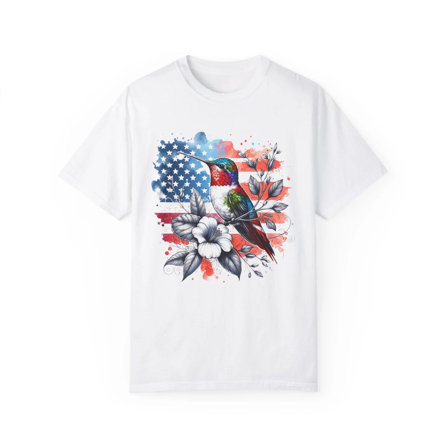 Tshirt aquarelle patriotique de colibri, tee-shirt de colibri de drapeau américain, thème patriotique de TShirt de colibri, tee-shirt de colibri des Etats-Unis, 4 juillet