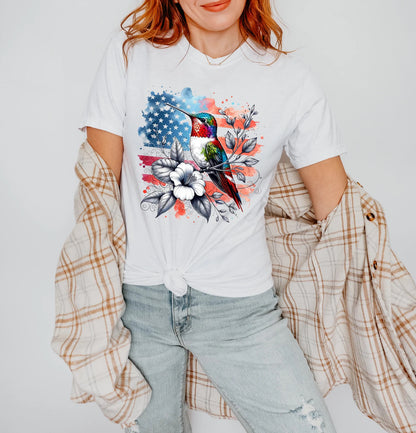 Patriotic Hummingbird Watercolor Tshirt, American Flag Hummingbird Tee, Hummingbird TShirt Patriotic Theme, USA Hummingbird Tee, July 4th