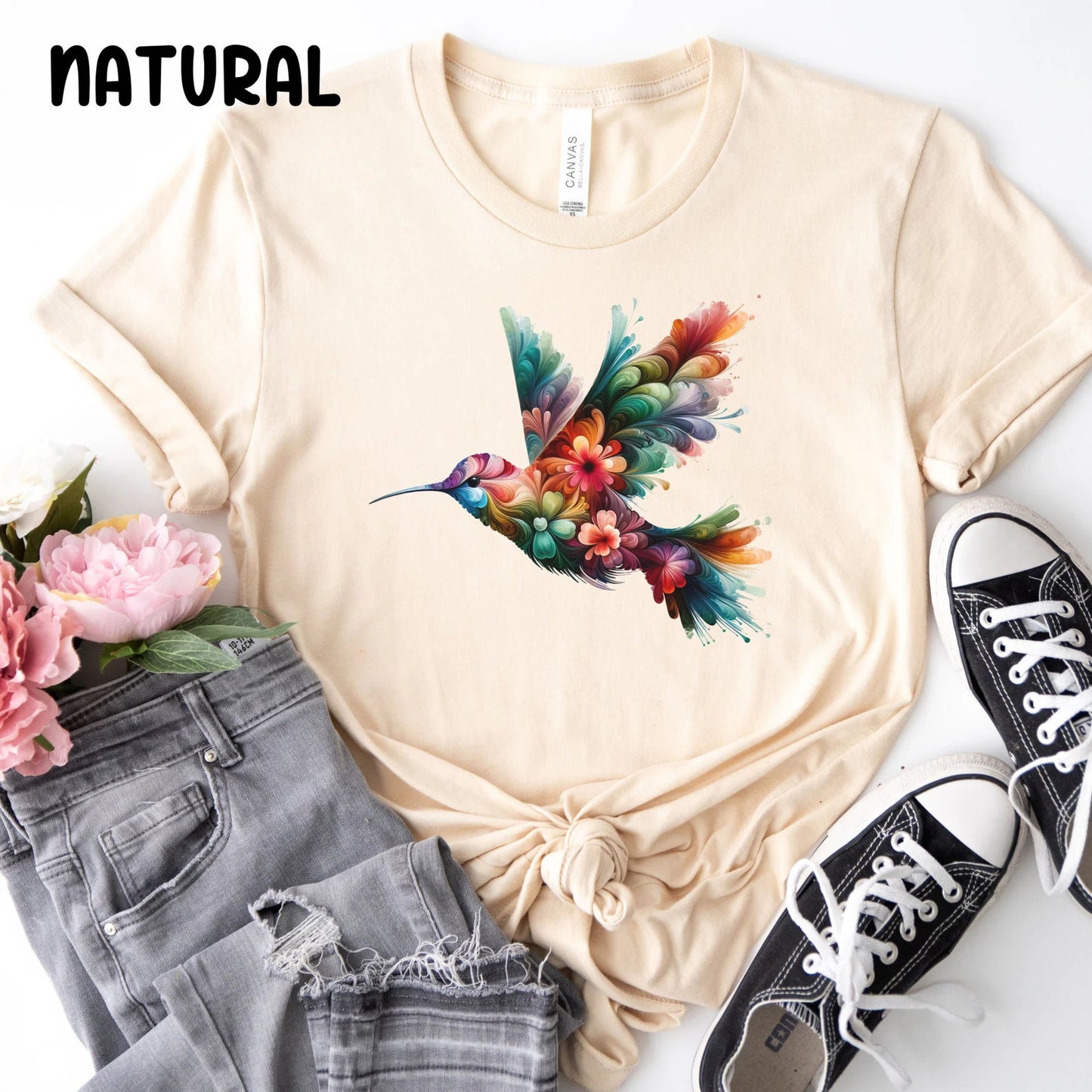 Chemise florale de colibri, T-shirt d’oiseau, tee-shirt graphique tendance, chemise à fleurs, cadeau d’amoureux des animaux, T-shirt d’amoureux des oiseaux, cadeau pour elle, oiseaux d’été