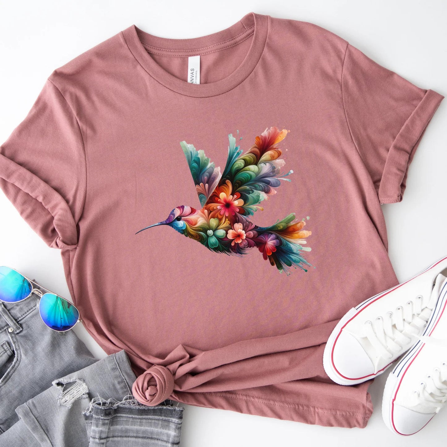 Florales Kolibri Shirt, Vogel T-Shirt, trendiges Grafik T-Shirt, Blumen Shirt, Geschenk für Tierliebhaber, Vogelliebhaber T-Shirt, Geschenk für Sie, Sommervögel