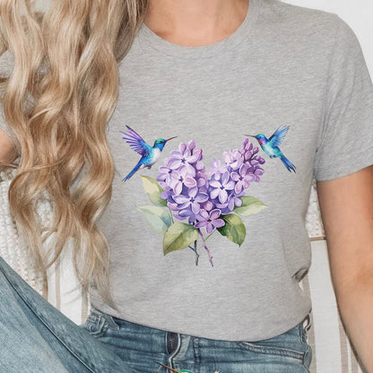 T-shirt colibri, chemise d’oiseau lilas d’amant d’oiseau de printemps, cadeau de fleur sauvage de colibri, chemise de faune, haut de tee-shirt floral pour femmes de taille plus pour femmes