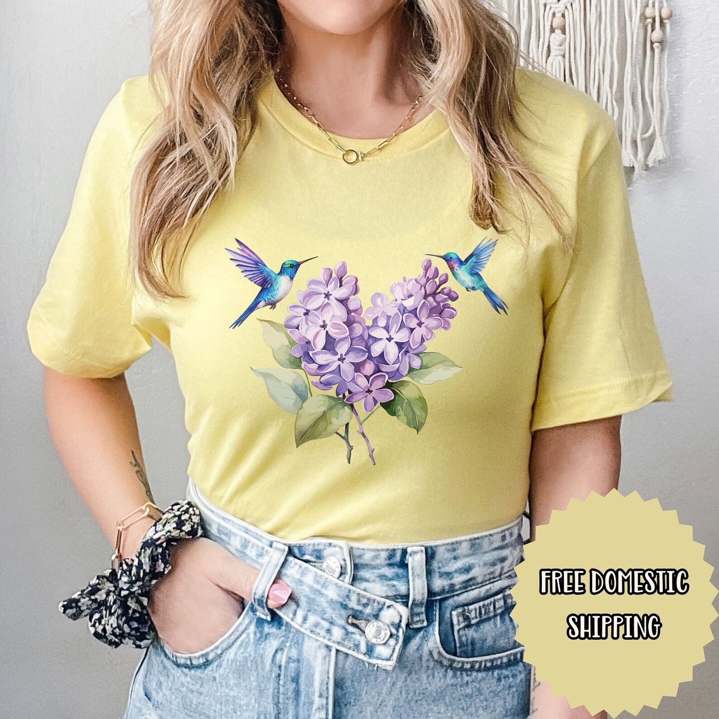 Hummingbird T-Shirt, Spring Bird Lover Lilac Bird Shirt, Hummingbird Wildflower Gift, Wildlife Shirt, Womens Plus Size Floral Ladies Tee Top