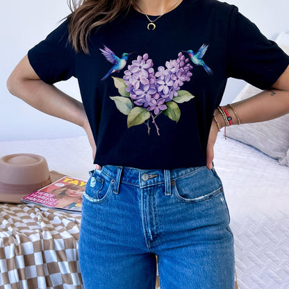 Hummingbird T-Shirt, Spring Bird Lover Lilac Bird Shirt, Hummingbird Wildflower Gift, Wildlife Shirt, Womens Plus Size Floral Ladies Tee Top