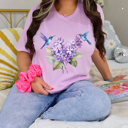 Hummingbird T-Shirt, Spring Bird Lover Lilac Bird Shirt, Hummingbird Wildflower Gift, Wildlife Shirt, Womens Plus Size Floral Ladies Tee Top