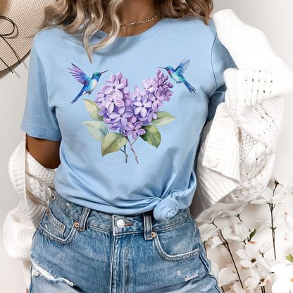 Hummingbird T-Shirt, Spring Bird Lover Lilac Bird Shirt, Hummingbird Wildflower Gift, Wildlife Shirt, Womens Plus Size Floral Ladies Tee Top