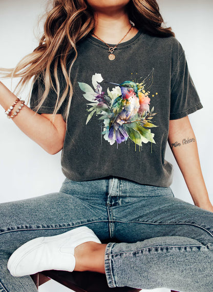 Floral Hummingbird Shirt, Comfort Colors Tee, Animal Lover Tee, Bird Shirts, Trendy Tee, Gift For Her, Bird Lover Shirt, Spring Birds