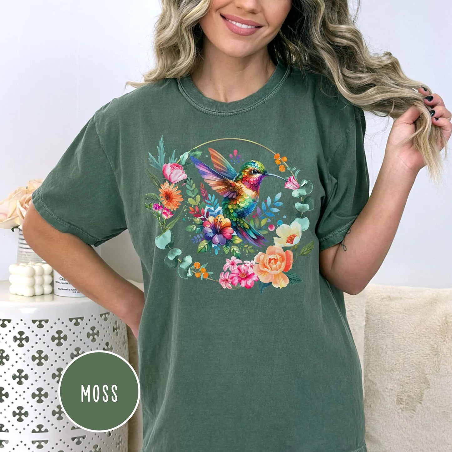 Kolibri Shirt Aquarell Blumenkranz Shirt Cottagecore T-Shirt Vogel Blumen Shirt Kolibri Liebhaber Geschenk für Frauen Buntes Grafik T-Shirt